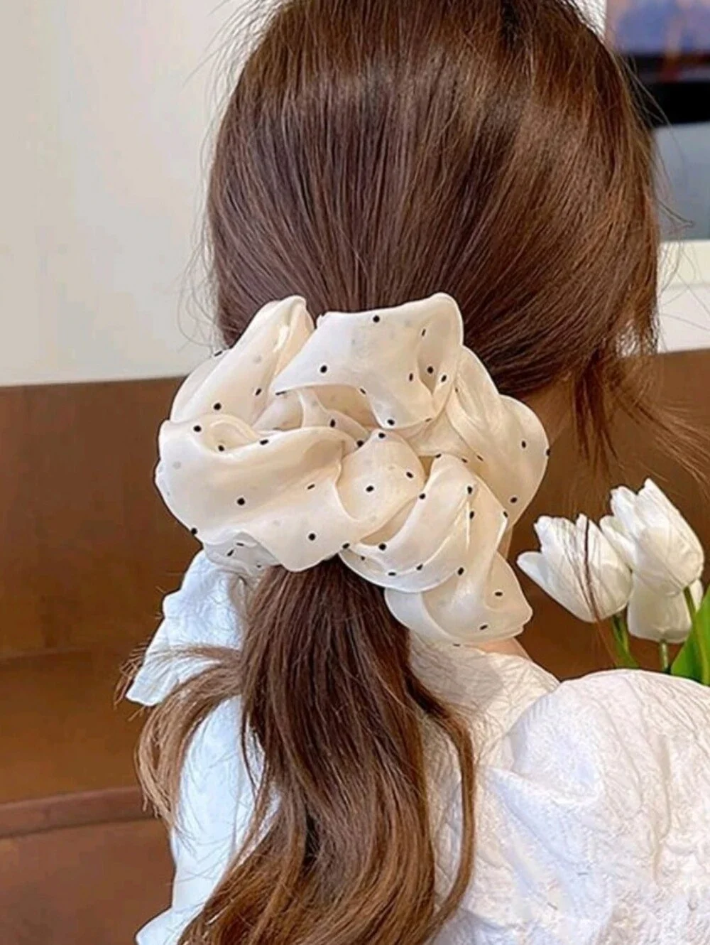 NEW! Oversized Beige Polka Dot Sheer Scrunchie Chic Style